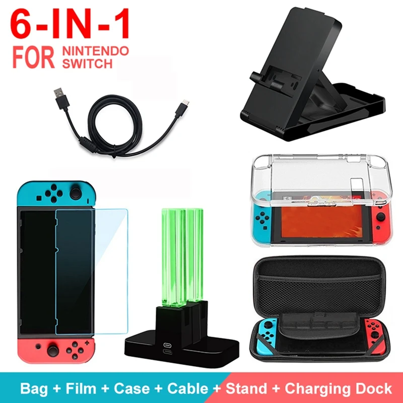 6 in 1 Game Accessories Kit for Nintendo Switch Protective Bag Tempered Film Case Hand-strap Stand Charging Cable R15 | Электроника