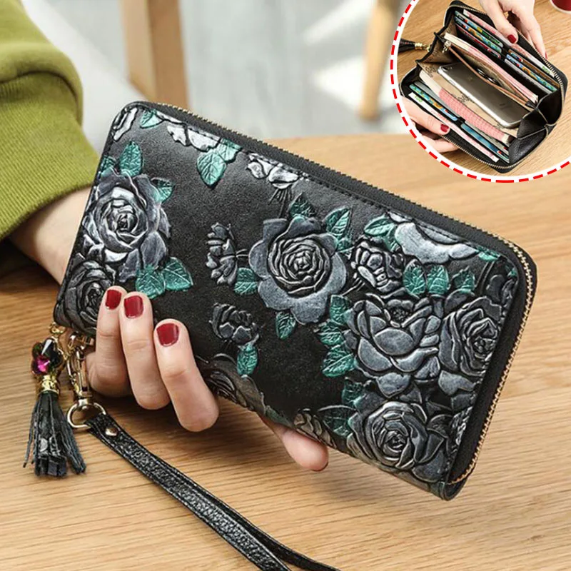 

Long Women Wallets Genuine Leather Wallet Women Clutch Purse Flower Pattern Female Zipper Phone Bag 2019 New Ladies Coin Purses