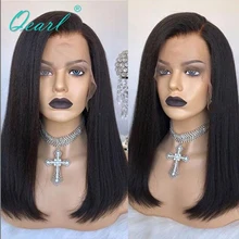 дешево! Short Bob Lace Front Wig Human Hair Kinky Straight Side Part for Women 13x4/13x6 Malaysian Remy Hair 130% 150% Density Qearl