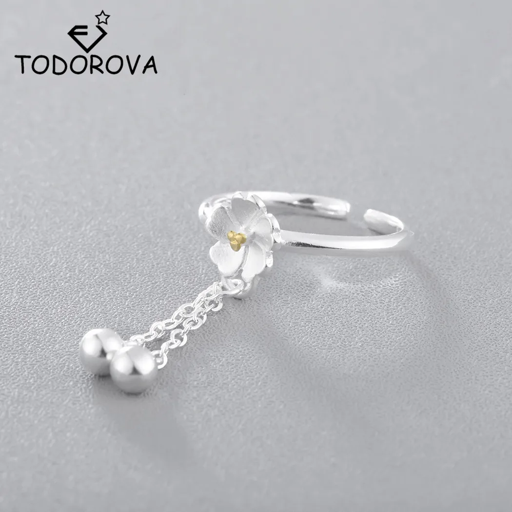 

Todorova Beautiful Flower Rings for Women Adjustable Wedding Rings Cherry Blossoms with Bell Pendant Chain Tassel Finger Ring