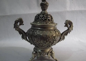 

Chinese bronze silver-gilt Dragon 3 elephant Leg flower censer incense burner