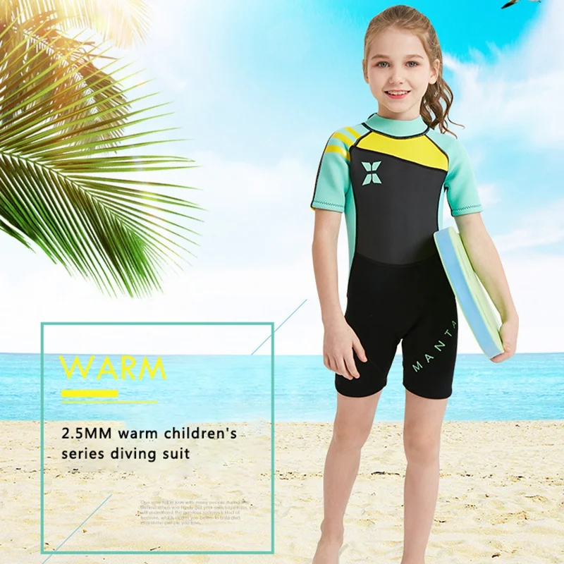 Детский костюм для подводного плавания, гидрокостюм 2,5 мм, неопреновый гидрокостюм для детей, для мальчиков и девочек, цельный короткий рукав, защита от ультрафиолетового излучения, купальный костюм