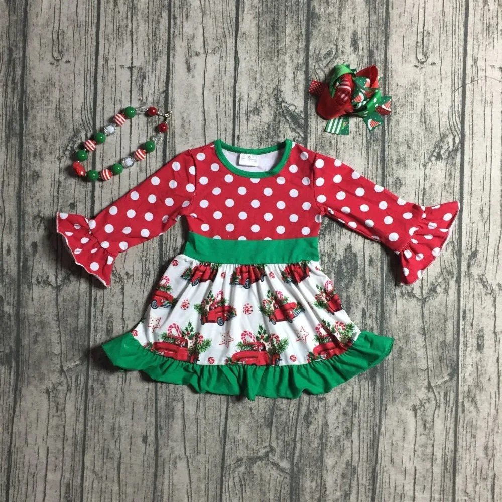 

Christmas tree Fall/winter hot sale baby girls boutique floral trucker dress children clothes cotton match accessories polka dot