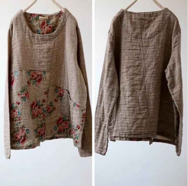 Primavera Yoyikamomo Mujeres Casual De 2018 rosado caqui azul Larga Vintage Lino Manga Floral Original Beige Nuevo Algodón Camisa Tops rqrYxpB