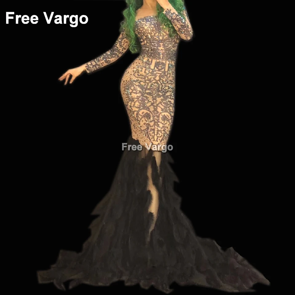 

Sexy Women Drag Queen Costumes Sexy Black Feather Rhinestone Event Party Prom Long Dresses Celebrity Runway Stage For Singers
