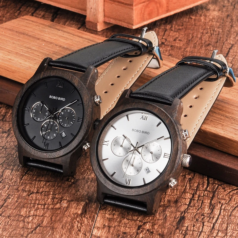 BOBO BIRD Luxury Brand Wooden Watches Men Quartz Wristwatch Male Stopwatch erkek kol saati in wood box