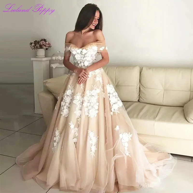 

Women's A-line Off the Shoulder Illusion Champagne Wedding Dresses Floor Length Embroidery Lace Appliques Bridal Dress