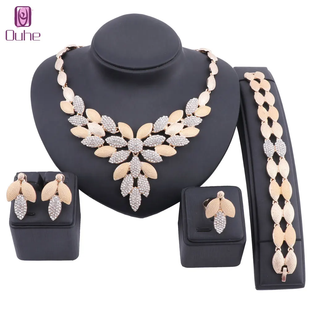 

Dubai Bridal Crystal Jewelry Sets For Women Leaves Gold Necklace Earrings Bangle Ring Charm African Wedding Nigeria Jewelry Sets