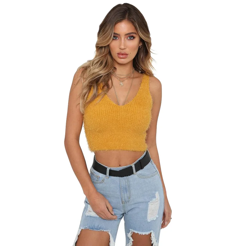 Aibo Carla 2018 Autumn Women's Crop Tops Halter Backless Navel Mohair Small Sweater Sweaters