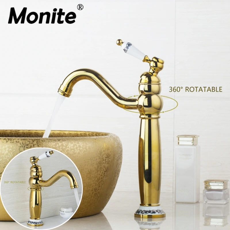 

Monite Golden Single Ceramic Handle Polished Swivel 360 Spout Deck Mounted Sink Kitchen Faucet Faucet Mixer Tap