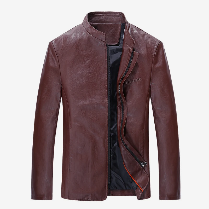 

MYAZHOU 2019 Winter Casual Men's Slim Long-sleeved Leather Jacket , Fashion Solid Color Plus Size Spring Men's Leather Red wine