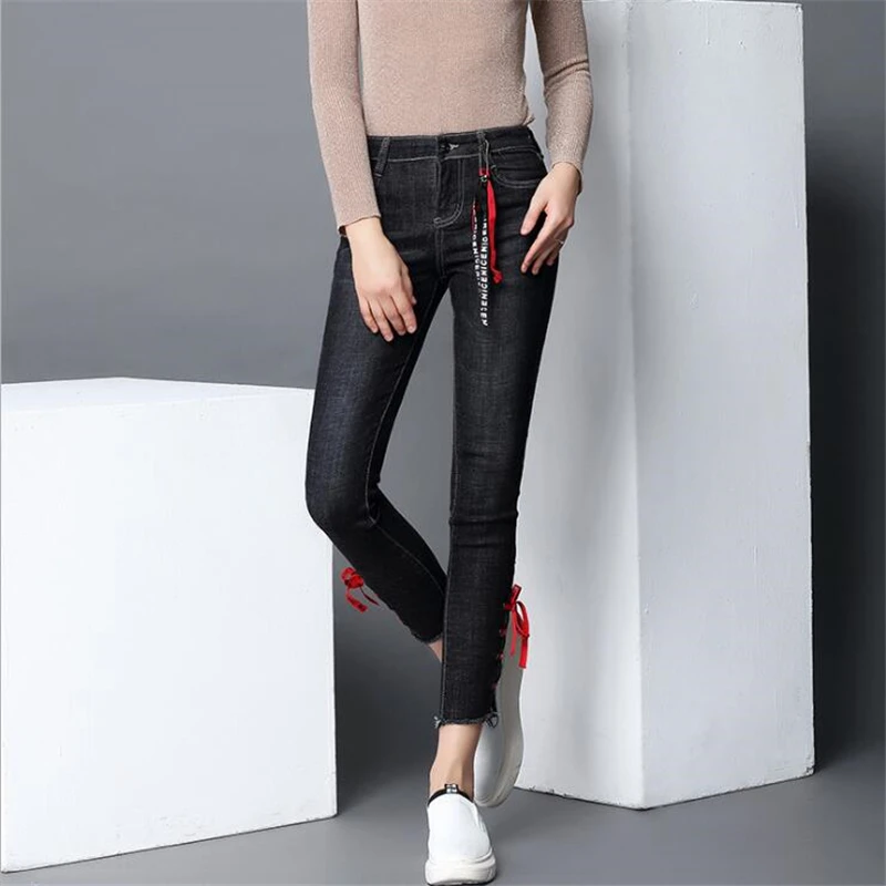 VANLED на шнуровке отверстие 2017 модные Рваные джинсы Для женщин джинсы женские джинсы для девочек стрейч средней талией обтягивающие джинсы