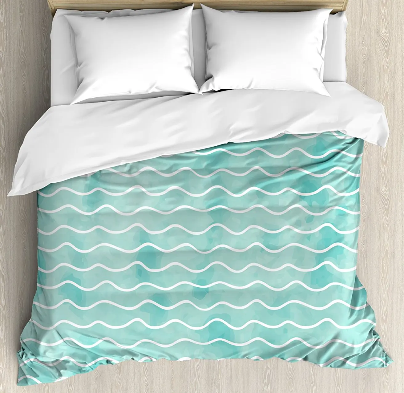 

Nautical Duvet Cover Set , Soft Pastel Colored Ocean Sea Waves Pattern Summer Vibes Inspired Graphic, 4 Piece Bedding Set