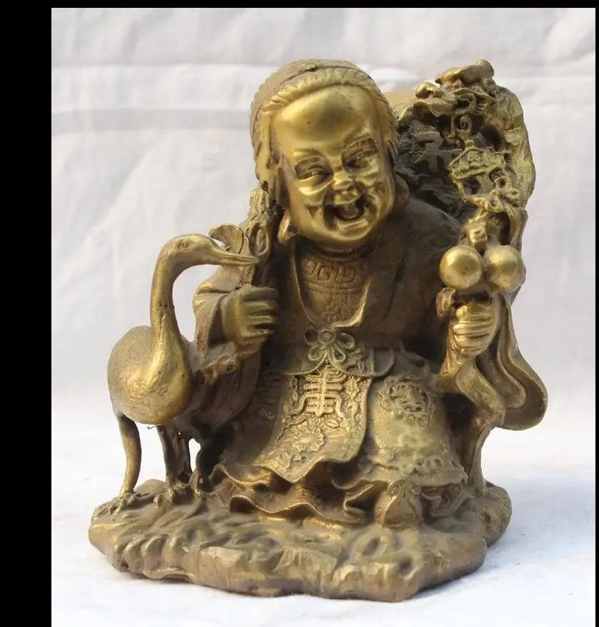 

671115650+++6" China Chinese Fengshui Brass Fu Peach Crane longevity mother-in-law Statue