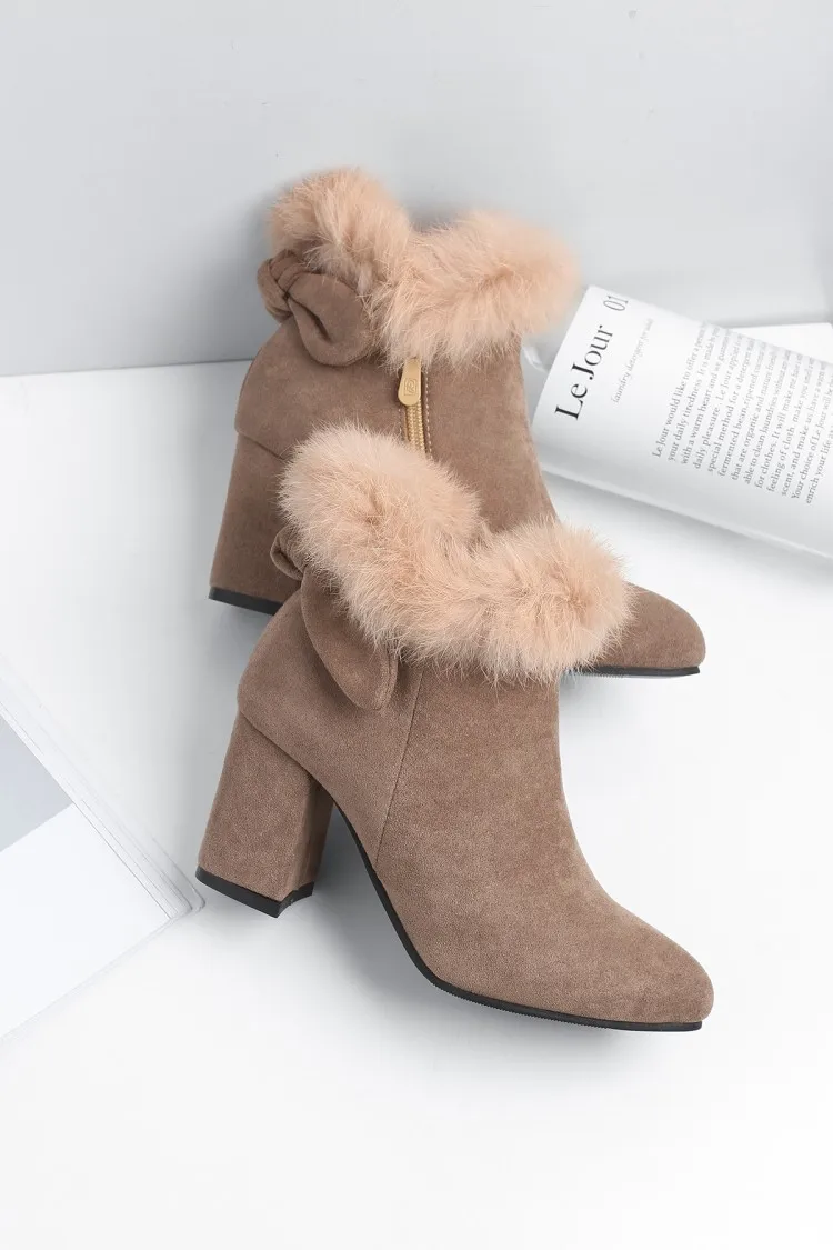 Womens Pointed Toe Booties Shoes Korean Bow Thick High Heel Large Size Fashion Ankle Boots Black Khaki Grey18