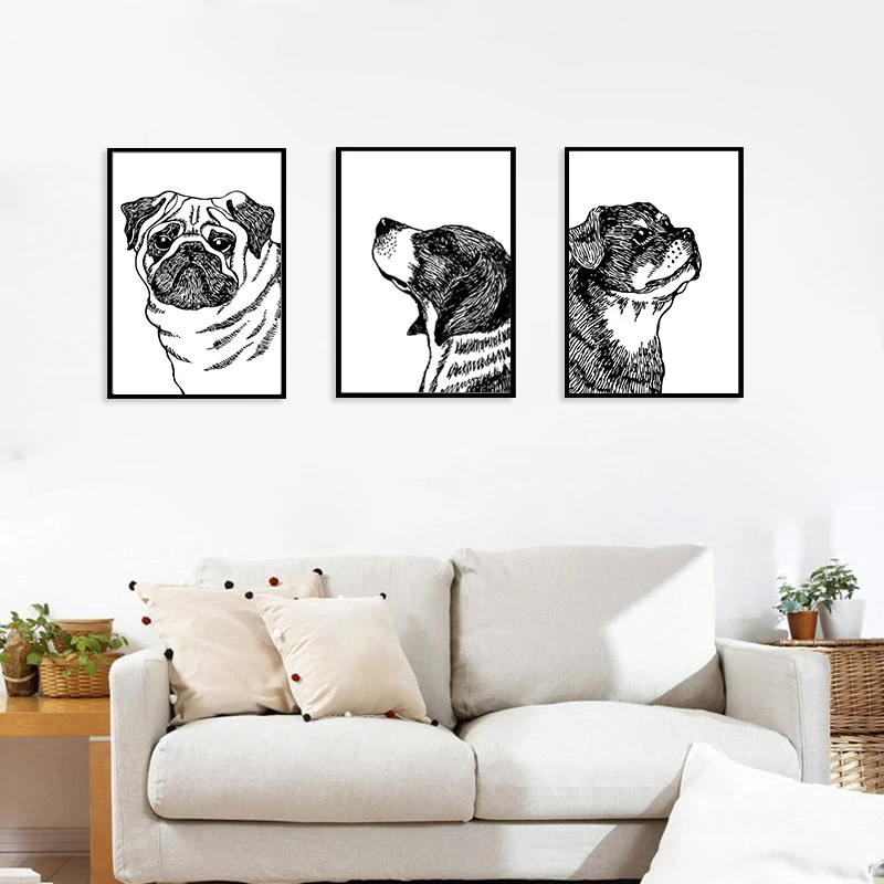 

Hand drawn cartoon cute black and white dog canvas print poster home decor children bedroom art poster no frame