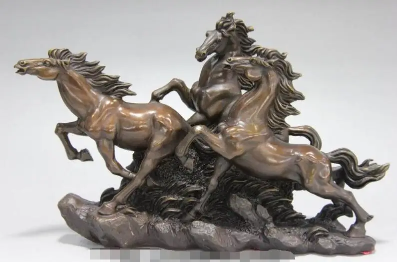 

song voge gem S6236 China folk Copper Bronze Feng Shui auspicious Gallop Run Three Horses Art Statue