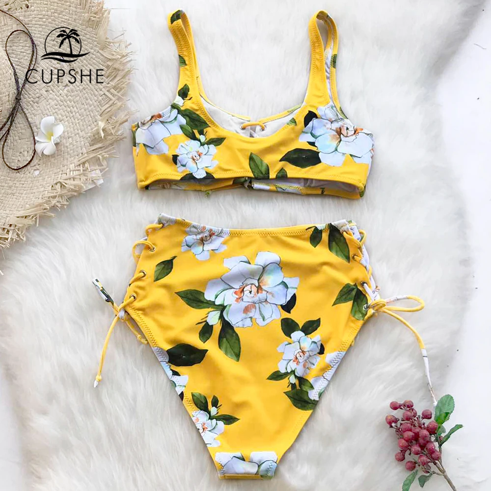 Preise CUPSHE Gelb Floral Print Bikini Sets Frauen Hohe Taille Spitze Up Zwei Stücke Badeanzüge 2020 Mädchen Sexy Strand Badeanzüge