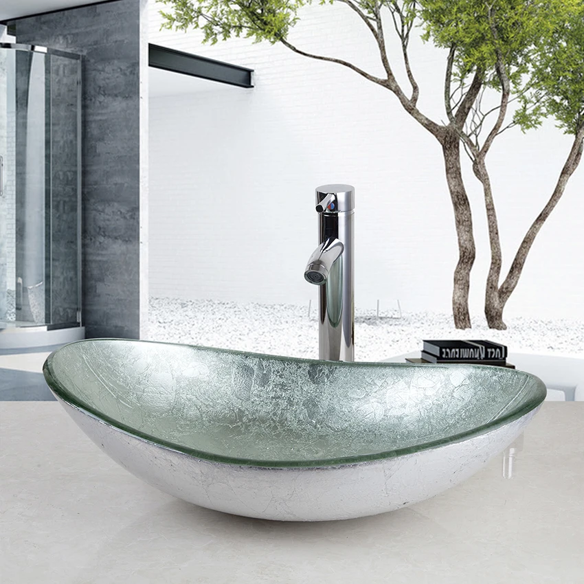 Kemaidi الحمام مغسلة كونترتوب الزجاج المقسى حوض المغسلة الحنفية مجموعة النحاس شلال صنبور الحمام الغرور بار