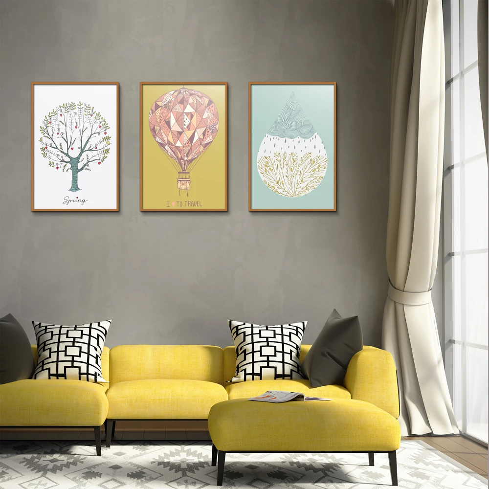 

children Hang a picture Drops of water tree Cartoon Europe Unframed Spray Canvas Oil Painting Frameless print gift drawing