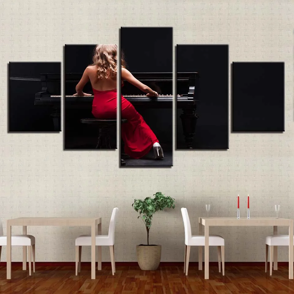 Canvas Paintings HD Printed Modular Pictures Living Room 5 Panels Girl Music Piano Wall Art Poster Home Decoration Modern Framed | Дом и сад