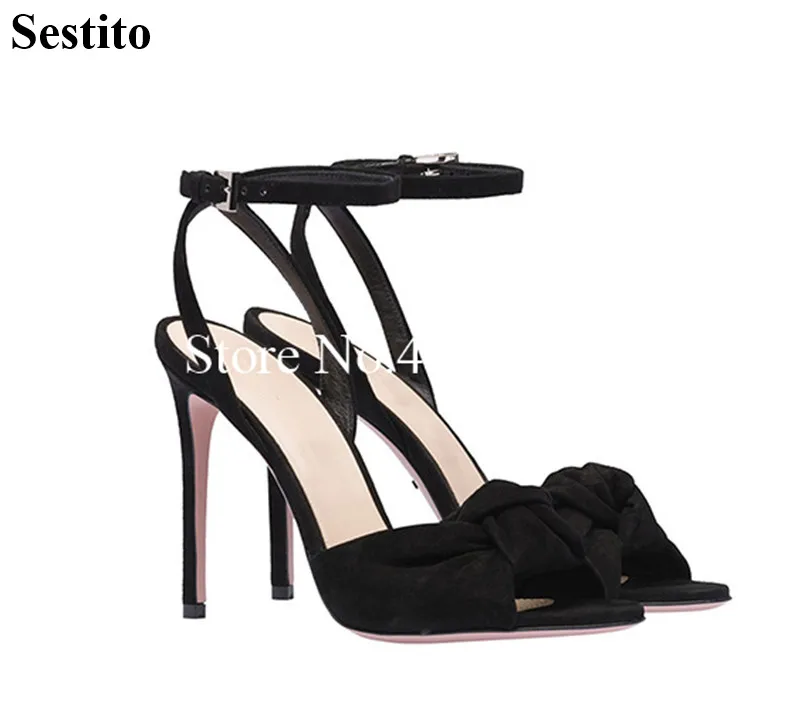 

Fashion European ladies with a bow versatile simple buckle red purple black knotted high heel open toe stiletto sandals
