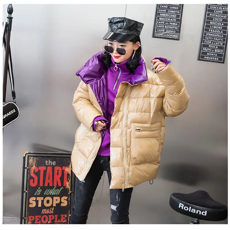 Женское пальто в стиле хип-хоп большого размера, зимняя теплая Глянцевая куртка для женщин размера плюс, верхняя одежда в стиле Харадзюку, пуховик с лакировкой, Женская парка - Цвет: Бежевый