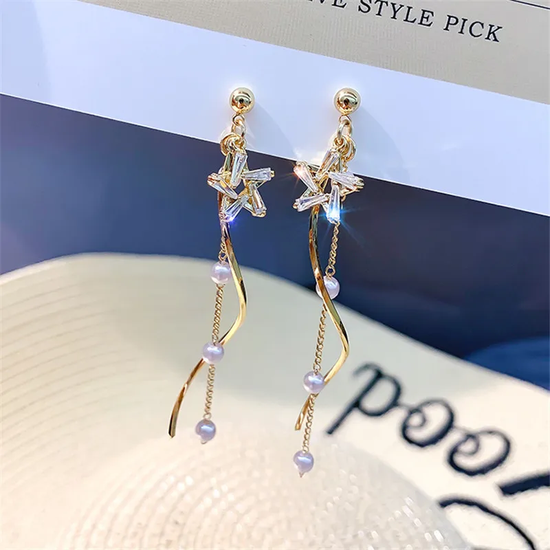 

FYUAN Long Tassel Drop Earrings for Women Small Star Zircon Crystal Dangle Earrings Party Fashion Jewelry Gifts