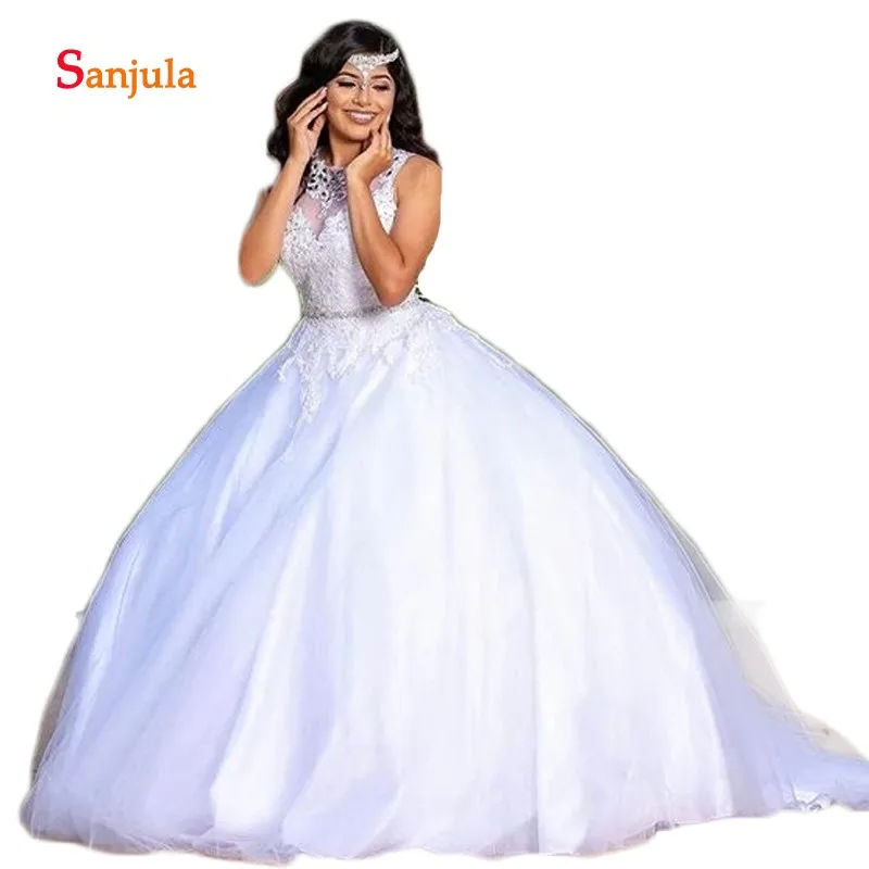 

White Tulle Ball Gown Quinceanera Dresses O-Neck Appliques Beaded Princess Sweet 16 Party Dresses vestido de 15 anos D1000