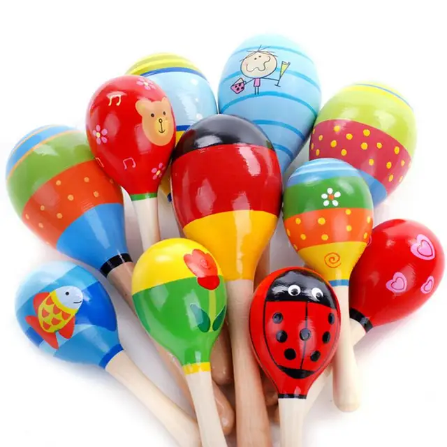 2021 New Baby Wooden Maraca Hand Rattles Kids Musical Party Favor Child Baby Shaker Percussion Musical Instrument Toy 4