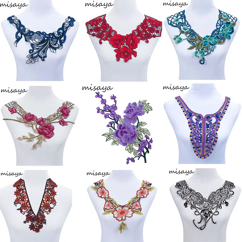 

Misaya 1pc Multicolors Embroidered Lace Neckline Collar DIY Handmade Motif Applique Venise Patches For Fashion Design Sewing
