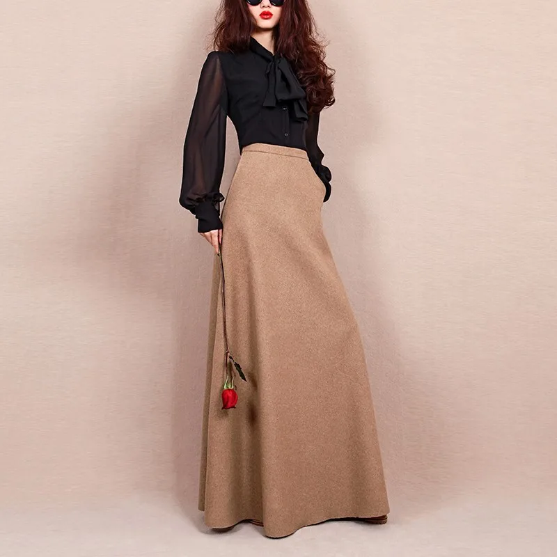Настраиваемая осенне-зимняя женская повседневная юбка размера плюс 3XS-10XL с высокой талией, шерстяная юбка трапециевидной формы, универсальная шерстяная длинная юбка макси с зонтиком