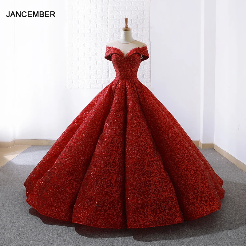 

J66694 jancember wine red wedding party dress with train o-neck ball gown bridal evening dress gown 2019 floor length avondjurk