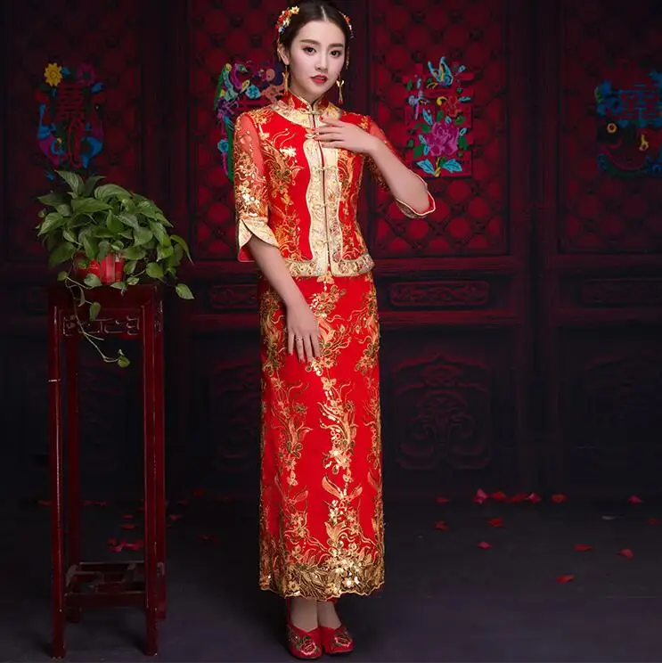 RED dress Китай традиционные Show Одежда Топ с цветами свадебное вечернее свадебное платье костюм в китайском стиле cheongsam кантон вышивка - Цвет: RED dress