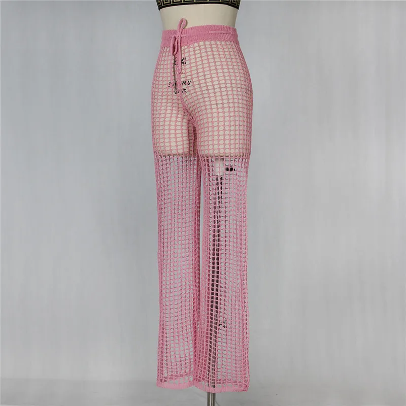 Adogirl Women Beach Flare Pants Solid Knitted Hollow Out Fishnet Wide Leg Pants High Waist Lace Up Sashes Night Club Trousers