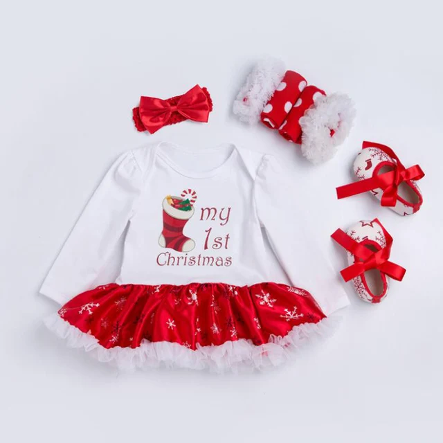 Newborn Baby Christmas Outfits Set Girls Dress + Heandband+ Shoes+ Newborn Baby Christmas Outfits set Girls dress + Heandband+ shoes+ socks 4PCS suits sets for 0 - Newborn Baby Christmas Outfits Set Girls Dress + Heandband+ Shoes+