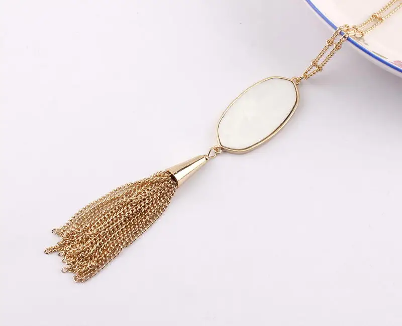 New Long Gold Chain Oval Stone Tassel Necklace Bohemian Design Fashion Jewelry