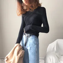 Футболка женская Весна стиль Женская эластичная тонкая невысокая горловина элегантный темперамент с длинным рукавом джемпер