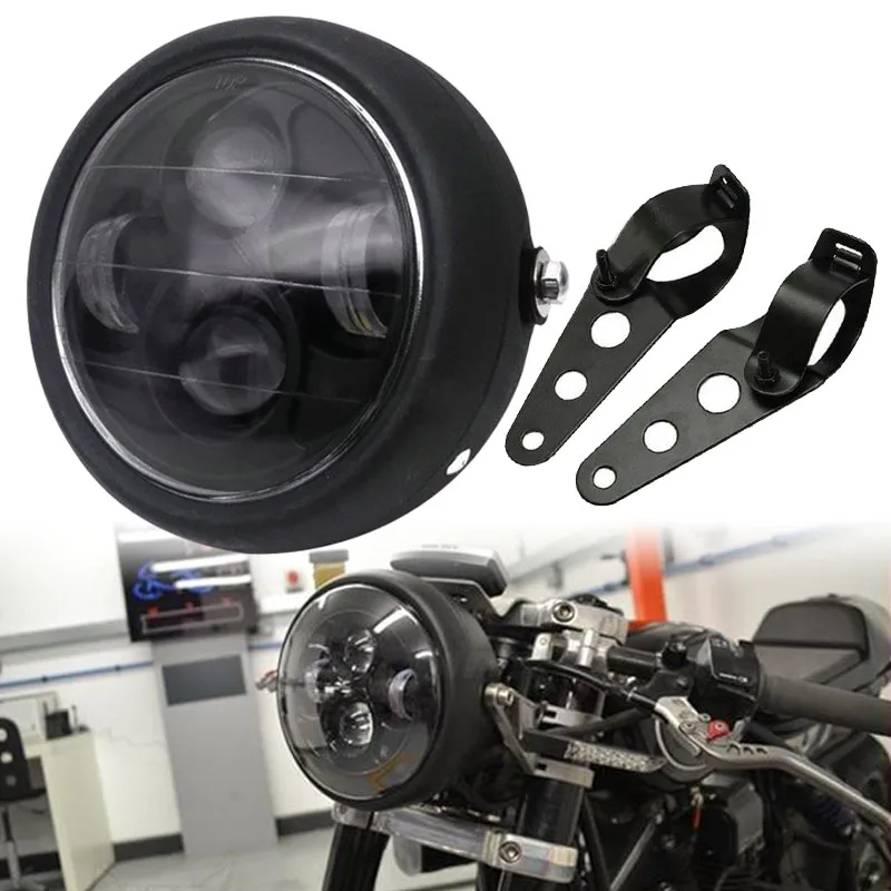 JX-LCLYL 6.5" Matte Black Motorcycle LED Headlight Hi/Lo Beam With Bracket Cafe Racer