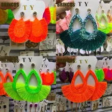 Earrings for women Neon green Tassel boho gold korean indian jewelry statement drop handmade oversize bohemia aliexpress