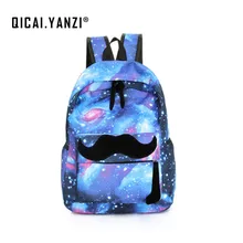 QICAI YANZI Women Moustache Stars Universe Space Printing Canvas Knapsack Girls School Book Laptop Backpacks Bag