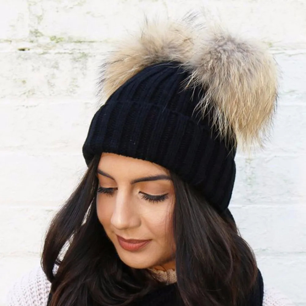 2018 Double fur ball cap pom poms winter warm hat for women girl hat ...