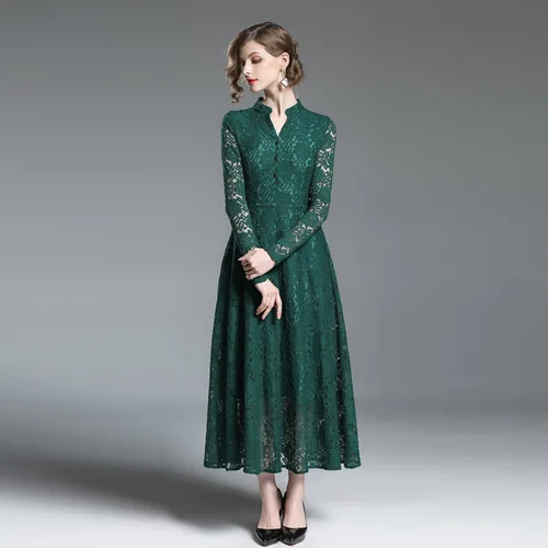 2018 Autumn Lace Solid Color Fashion Temperament V-neck Long-sleeved Mid-rise Slim Fit Dress Dresses