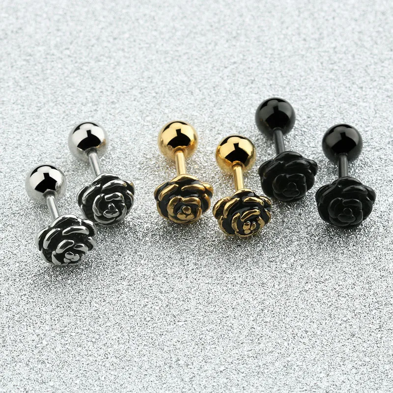 2PCS Romantic Rose Flower Ear Studs Earrings Women's Ear Plugs Titanium Steel Antique Silver Gold Black Body Piercing Jewelry 4