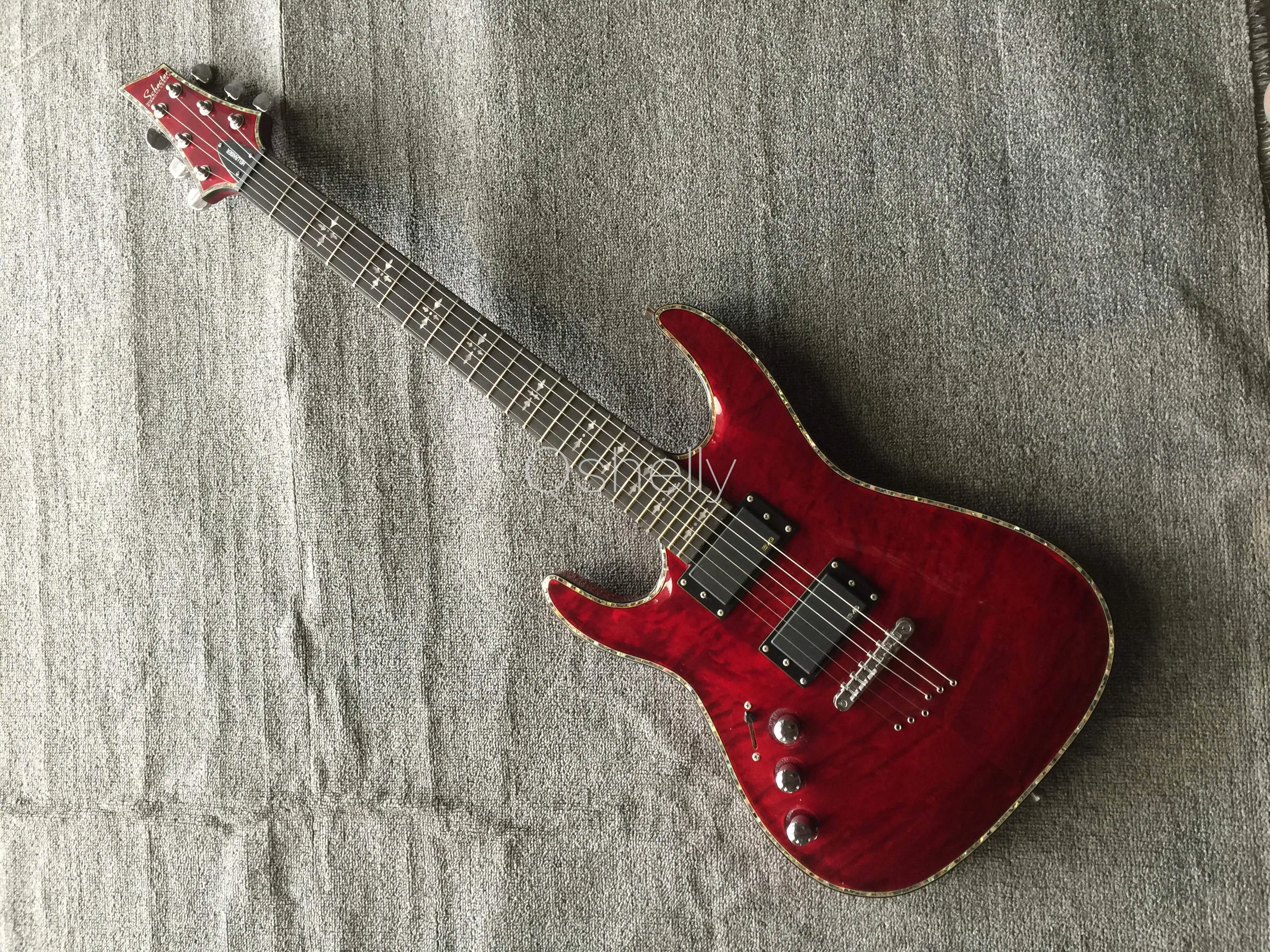 

top quality QShelly custom left handed abalone binding string through MOP inlay ebony fingerboard Sch red electric guitar