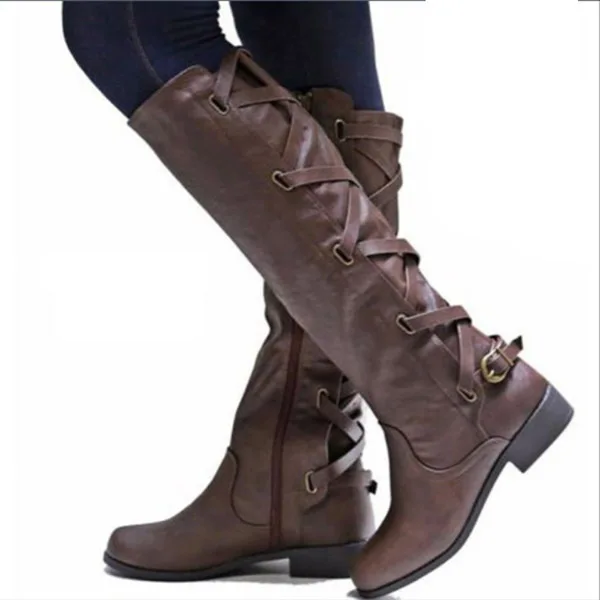 NAN JIU/Горные ботинки г. Женские осенне-зимние ботинки до середины икры на плоской подошве, с перекрестными ремешками, на молнии, 5 цветов, большие размеры 35-43 - Цвет: dark brown