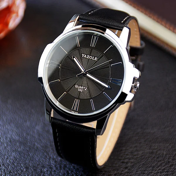 YAZOLE, Топ бренд, мужские часы, роскошный кожаный ремешок для часов, большой циферблат, мужские наручные часы, простые часы для мужчин, reloj hombre montre homme - Цвет: Black