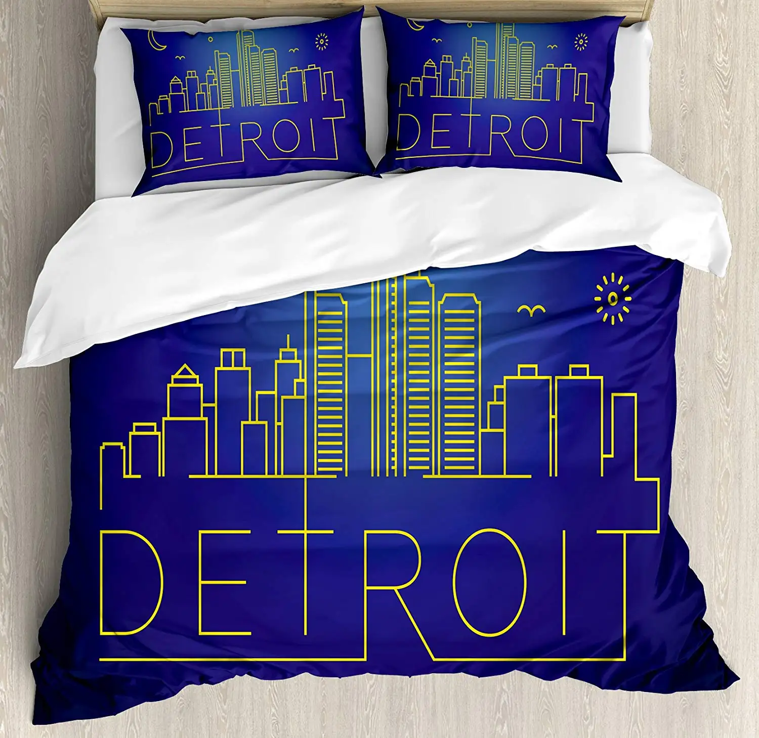 

Detroit Decor Duvet Cover Set Minimalistic Graphic Cityscape of Detroit Architecture and Sky Elements 4 Piece Bedding Set