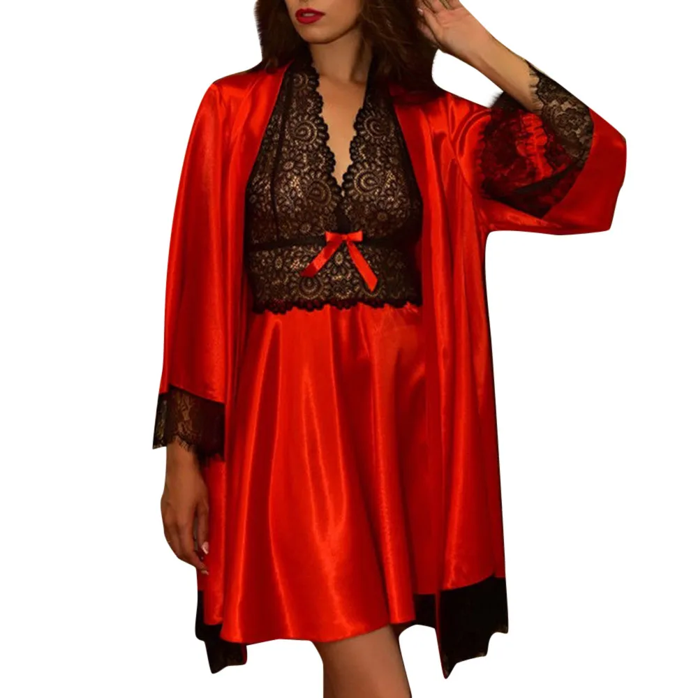 Женская Сексуальная атласная Женская пижама с кружевом нижнее белье Babydoll ночная рубашка комплект платья с открытой спиной и бантом комплект gecelik pijama shein халат#080 - Цвет: Red Set