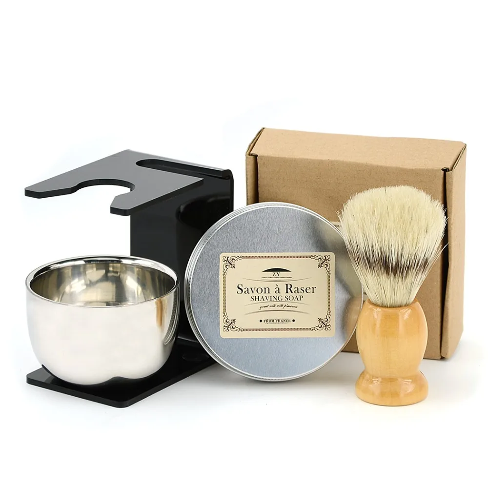 

4pcs/set Shaving Beard Brush Set Men Natural Wood Boar Bristle Brush +Stainless Bowl Stand + Barber Goat Milk Razor Soap